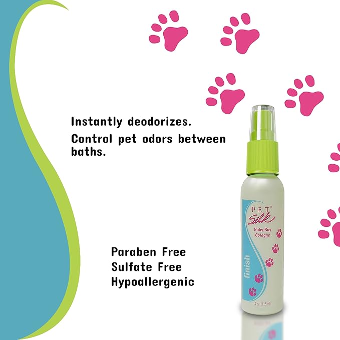 PET SILK Baby Boy Cologne, Made especially for Puppies and Kittens, Fresh Smell, Long Lasting Baby Powder Scent, Instantly Deodorizes unwanted Pet Odors (4oz)