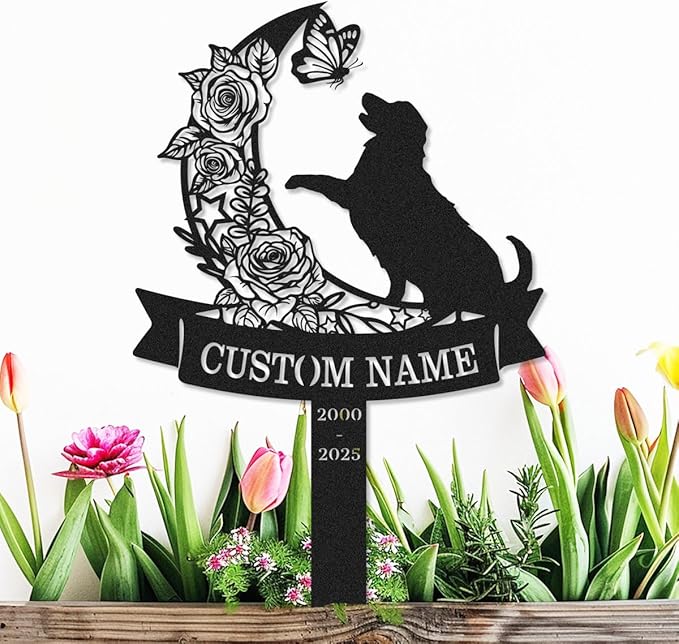 Custom Golden Retriever Dog Memorial Stake Personalized Flowers Moon Dog Memorial Grave Marker Metal Garden Stake, Customized Pet Name Burial Stake Sympathy Gift Dog Loss Memorial Sign