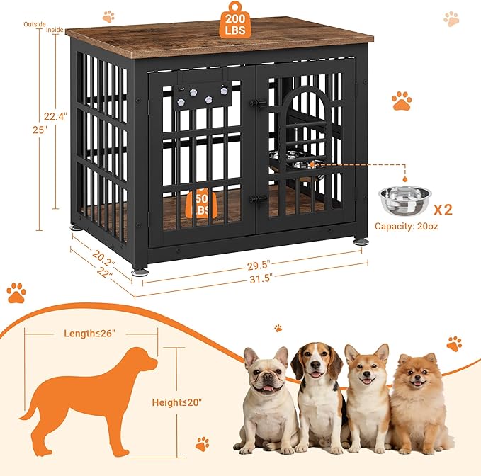 Dog Crate Furniture with Name Tag, Dog Kennel Indoor with 360° Rotating Feeder and Adjustable Heights Bowls, Wooden Decorative Pet Cage End Table for Small Dogs, Rustic Brown 31.5" L