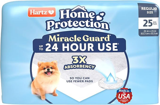 Hartz Miracle Guard Dog and Puppy Dog Pads Max Absorbency 24 Hour Use Odor Eliminating No Leaks, Regular Size 25 Count