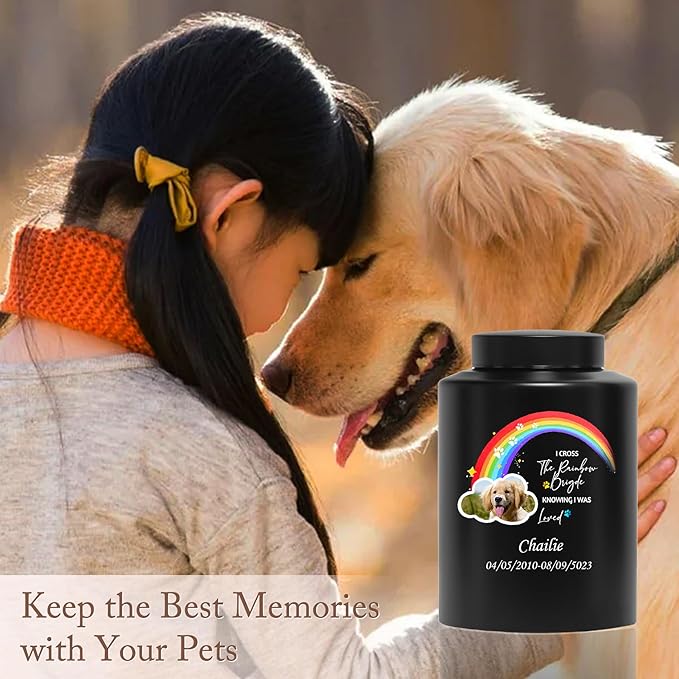 Custom Urns for Dogs Cats Ashes Personalized Memorial Pet Urn with Name and Photo Pet Cremation Urn for Loss of Dog or Cats Engraved Pet Funeral Urn (Rainbow)