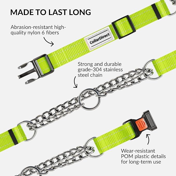 CollarDirect Martingale Dog Collar with Stainless Steel Chain and Quick Release Buckle - Reflective Collar for Large, Medium, Small Dogs - Lime Green, Medium (Neck Size 14"-17")