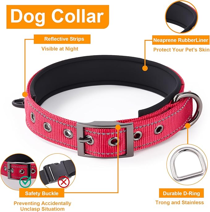 Annchwool Adjustable Dog Collar and 5 FT Leash Set with Heavy Duty Metal Buckle–Comfortable Lining Reflective Collar & Dual-Handles for Small Medium Large Dogs Walking,Running(Red Set,XL:22''-30'')