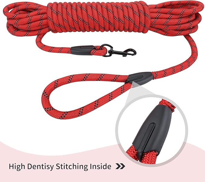 Long Dog Leash for Training 15Ft-Reflective Nylon Rope with Swivel Hook-Recall Agility Lead for Large Small Medium Dogs Outside Walking Hiking-Red Diam 1/2"