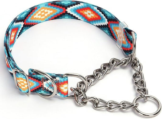 Martingale Dog Collar with Chain, No Pull Slip Cinch Choker Choke Collar Western Boho Aztec Duty Dog Collar for Medium Large Extra Large Pet Dogs,Western L
