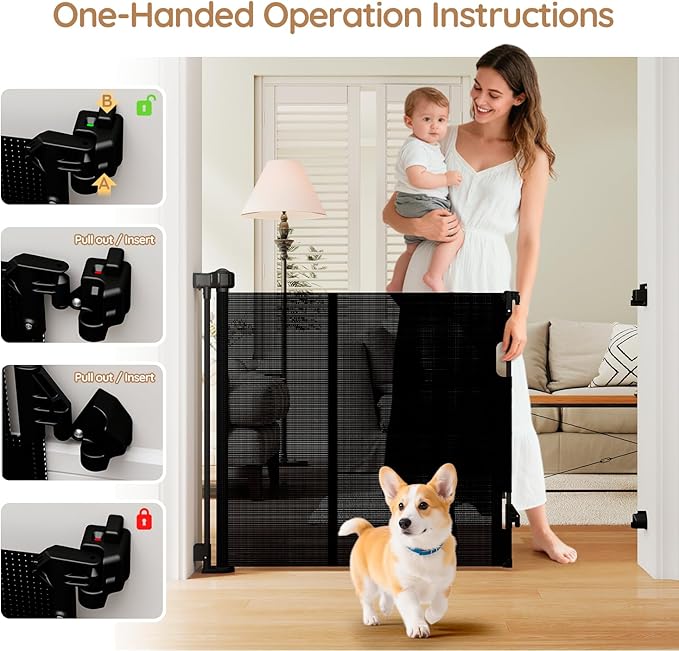 One-Hand Operation Retractable Baby Gates, 59 inch Retractable Gate with Reinforced Strip Design to Prevent Crawling Through, 5 FT Retractable Dog Gate for Stairs, Doorways, Hallways