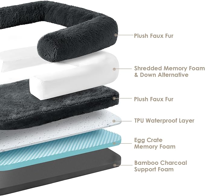EHEYCIGA Foldable XL Dog Bed, 46"x34"x6.5" Faux Fur Fluffy Pet Couch Bed for Large Dogs, Orthopedic Calming Memory Foam Big Pet Bed, Washable Soft Pet Sofa Bed with Non-Slip Bottom, Dark Grey
