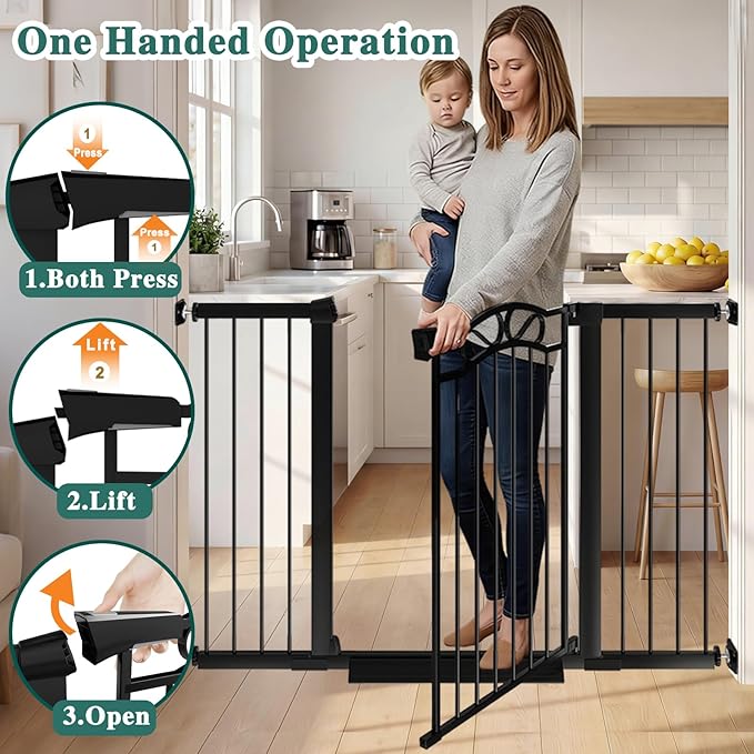 Fairy Baby 54.4"-57.0" Extra Wide Baby Gate with Door, 55 56 57 Inches Walk THR Baby Gates for Stairs Pressure Mounted no Drill, Indoor Tension Metal Child Pet Dog Safety Gate for Kids, Black