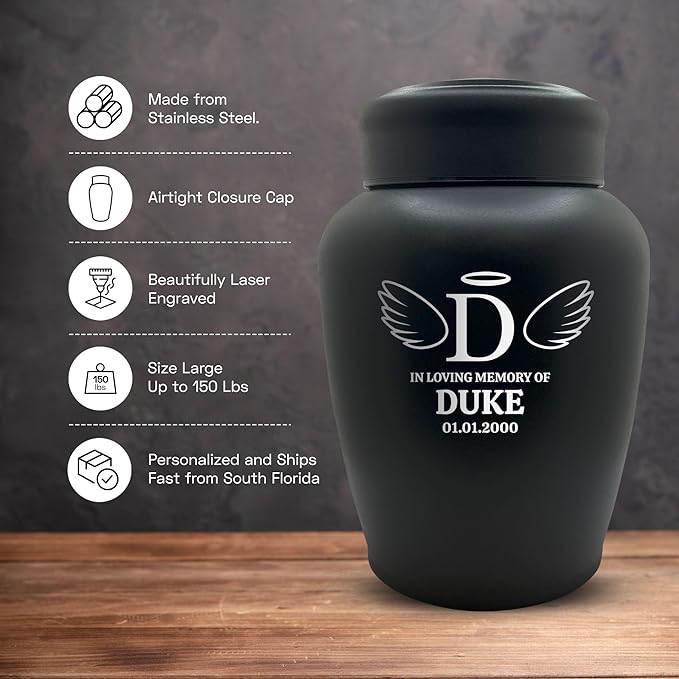 Custom Engraved Dog Urn - Stainless Steel, Black, Angel Pattern - Large Cremation Urns for Dogs Up to 150 lbs with Airtight Closure