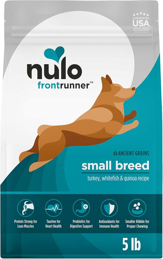 Nulo Frontrunner Dry Dog Food Small Breed - High-Protein Turkey, Whitefish & Quinoa Recipe, Natural Puppy & Adult Dog Food, Small Sized Kibble with Probiotics, Taurine, Omega 3, 14lb Bag