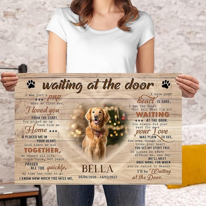 P80716 Personalized Memorial Poster Gifts, Waiting At The Door, Dog Memorial Frames with Pictures, Gift For Dog Lover, Name Bereavement Sympathy