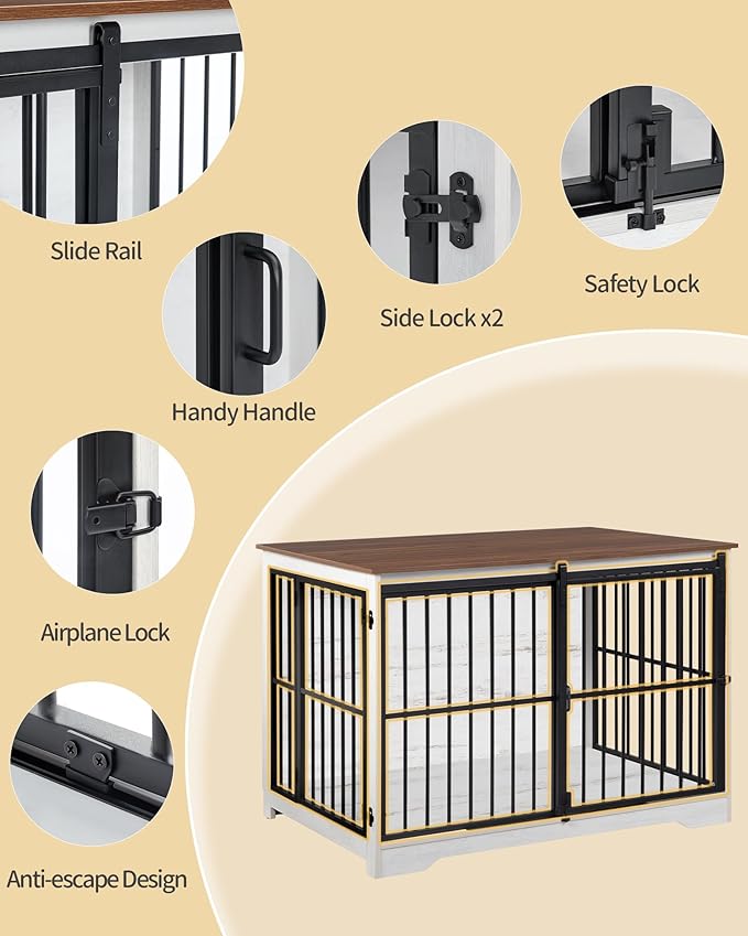 XL Large Dog Crate Furniture, 44.1" Indoor Dog Kennel Furniture with Barn Door, Wooden Tall Dog Crate, Heavy Duty Dog Cage for Large Dogs, Side End Table, Anti-Chew, White Brown DFC80114B