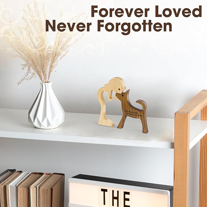 SENSUNIQ Dog Memorial Gifts, Cat Memorial Gifts, Wooden Carving Men and Dog Figura, Once by My Side Forever in My Heart - Sympathy Keepsake Dog Mom, Dog Dad for Loss of Pet (Dog and Woman)