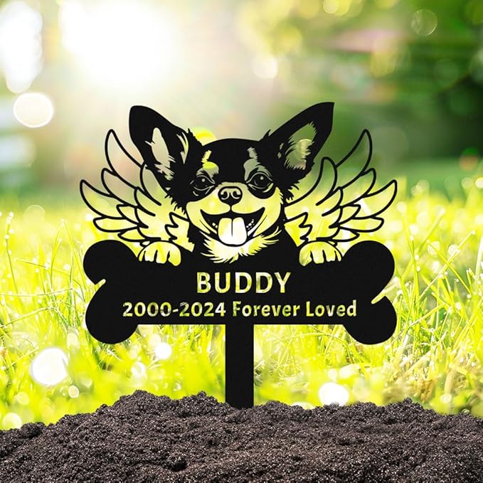 Personalized Chihuahua Dog Memorial Grave Marker Metal Garden Decor Sign with Stake, Custom Dog Memorial Stake with Wings Dog Sympathy Gift Pet Loss Burial Stake, Customized Memorial Plaque