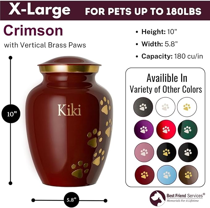 Ottillie Paws Premier Series Pet Urn for Dogs with Personalized Laser Engraving (X-Large - Pets up to 170 lbs, Crimson with Vertical Brass Paws)