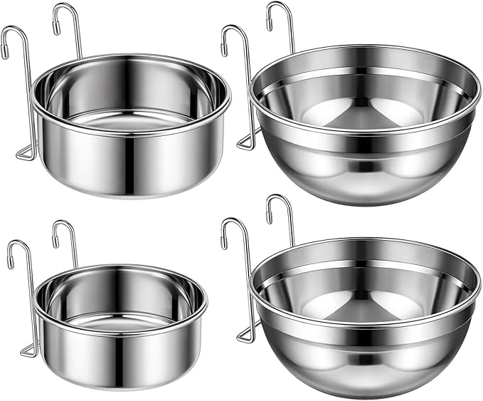 Zhehao 4 Pack Hanging Dog Water and Food Bowls for Kennel Cage, No Spill Dog Crate Water Bowl, Stainless Steel Bowls Dish for Dogs Crate Cage Accessories (35oz & 50oz & 65oz)