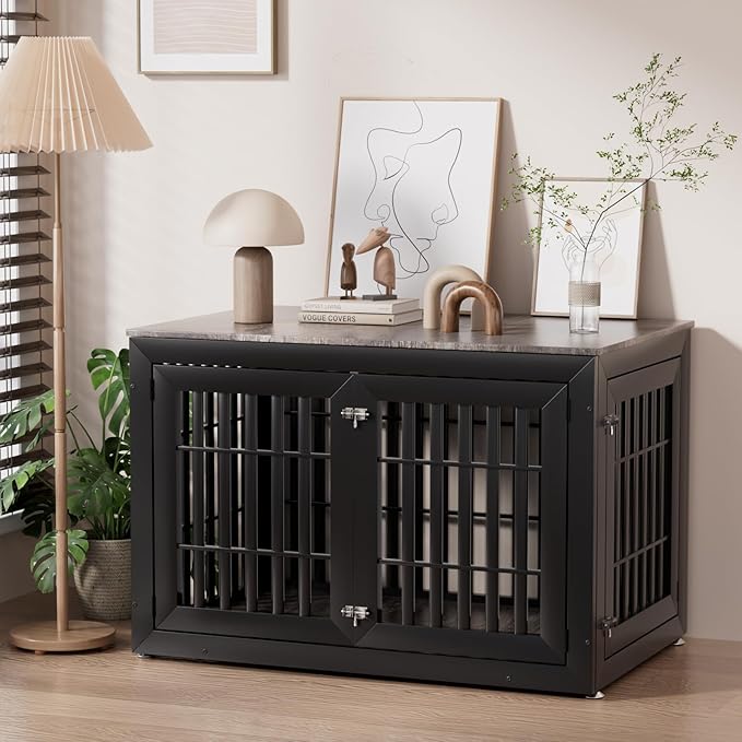 48" Heavy Duty Dog Crate Furniture for Small,Medium and Large Dogs,Rustic Wooden Dog Cage Kennel Indoor Furniture with Waterproof Top,Decorative Pet House Side End Table (Black & Grey)