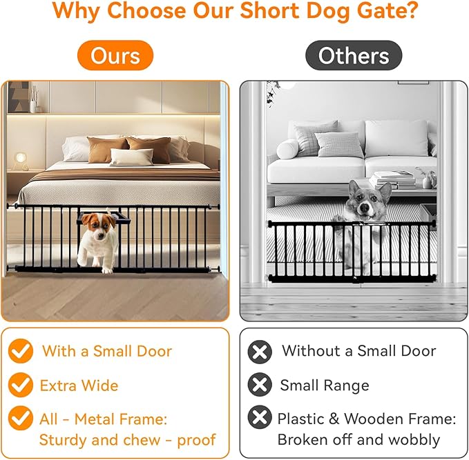 10" Height Short Dog Gate Adjustable18-48 Extra Wide Dog Gate with Small Cat Door,Pet Gate with 4 Extension Kits Pressure Mounted for Doorways & Stairs (Black, 10" Height)