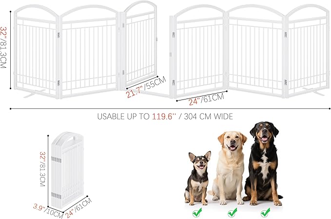 Folding No-Assembly Metal Freestanding Dog Gate with Door Walk Through,32" Height Pet Fence,144" Extra Wide Accordion Puppy Folding Playpen for Doorways,House,Stairs (6 Panels,White)