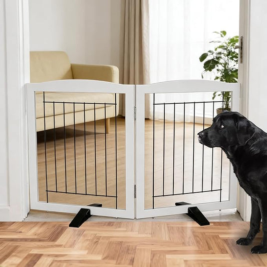 Dog Fence Indoor - 2-Panel Freestanding Dog Gate for Doorways, Hallways, House or Stairs -40x24-Inch Retractable Foldable Expandable Wood Pet by SFJC (White)