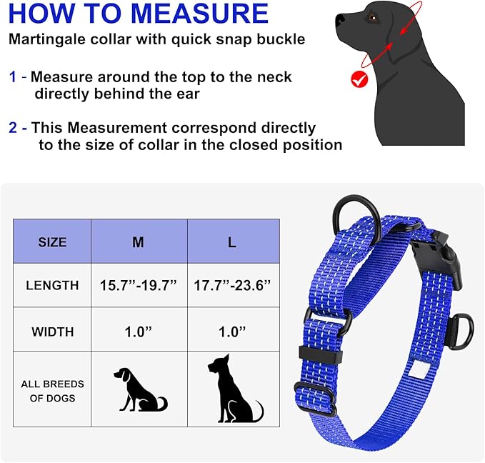 Martingale Dog Collars, Adjustable Reflective Nylon Dog Collar for Training Dogs, No Pull Dog Choker Collar for Medium Large Dogs (M, Navy Blue)