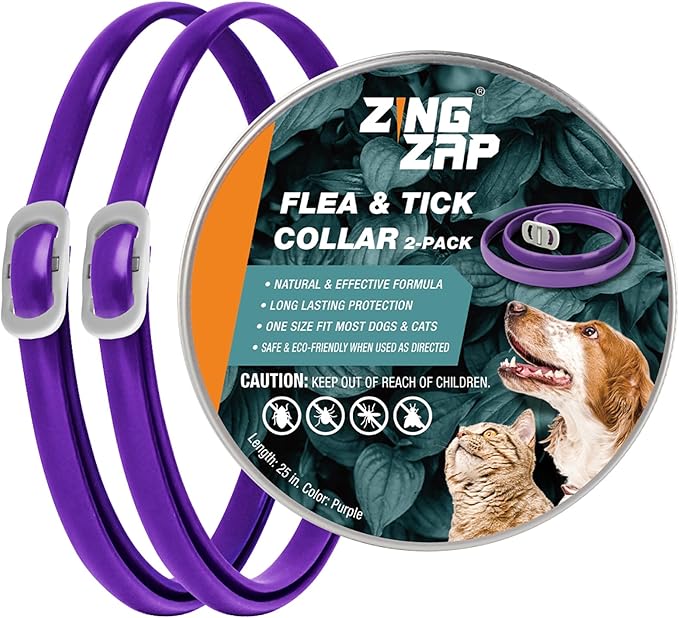 ZingZap Flea & Tick Collar 2-Pack Purple, Protects from Biting Insects, Adjustable Fits Both Dogs & Cats, Built-in Plant Based Formula, Slow Release Lasting Protection, Waterproof