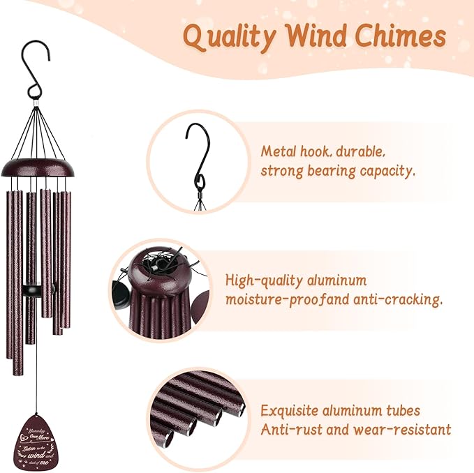 Pet Memorial Wind Chimes - Remembrance and Bereavement Gift for Loss of Dog/Cat with Metal Rose Card, 26" Thicker Aluminum Tubes(0.75") Weatherproof Outdoor Keepsake for Garden