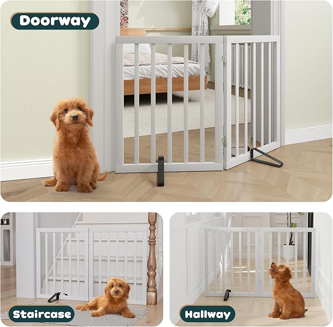 Semiocthome Bamboo Dog Gates Indoor 2-Panel Freestanding Puppy Gates for The House with 2 Metal Stands 24" H Folding Wood Pet Gate for Stairs Doorway, Fully Assembled Safety Fence - White