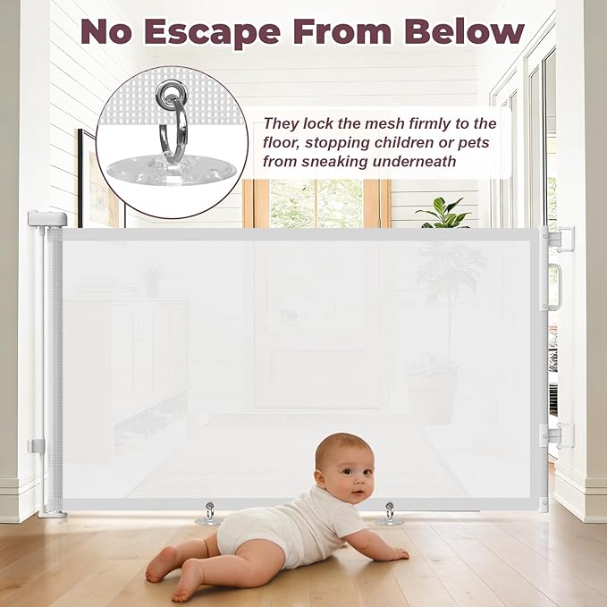 Retractable Baby Gates for Doorways, 58" Extra Wide Mesh Child Dog Gate for Stairs, 34" Tall Toddler Pet Gate Indoor and Outdoor, Easy Install, Essential for Home Safety, White