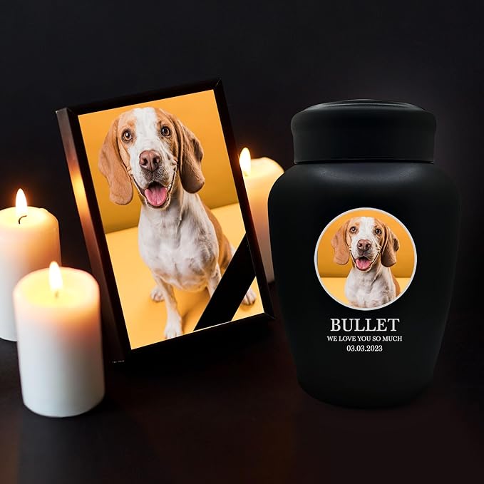 Personalized Custom Photo Dog Urn Engraved Dog Name and Date Stainless Steel Cremation Urns for Dogs Ashes with Pet Photo | Pets Up to 150 Lbs | Large 8.2" x 6.5" | Black