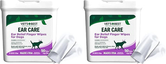 Vet's Best Ear Relief Finger Wipes, Ear Cleansing Finger Wipes for Dogs, Sooths & Deodorizes, 50 Disposable Dog Wipes (Pack of 2)