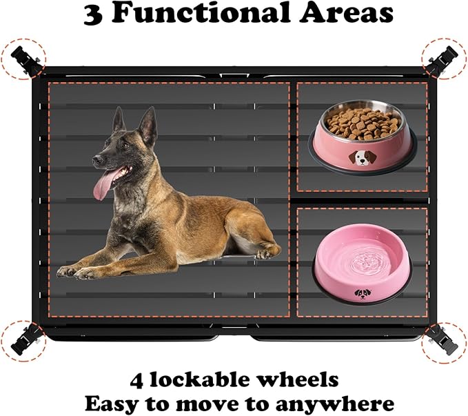 54'' Indestructible Heavy Duty Dog Crate with 2 Bowls, Extra Large Pet Cage Escape Proof Strong Steel Impact for High Anxiety Dogs, Sound Proof Chewproof Kennel 2 Doors with Wheels and Trays, XXL