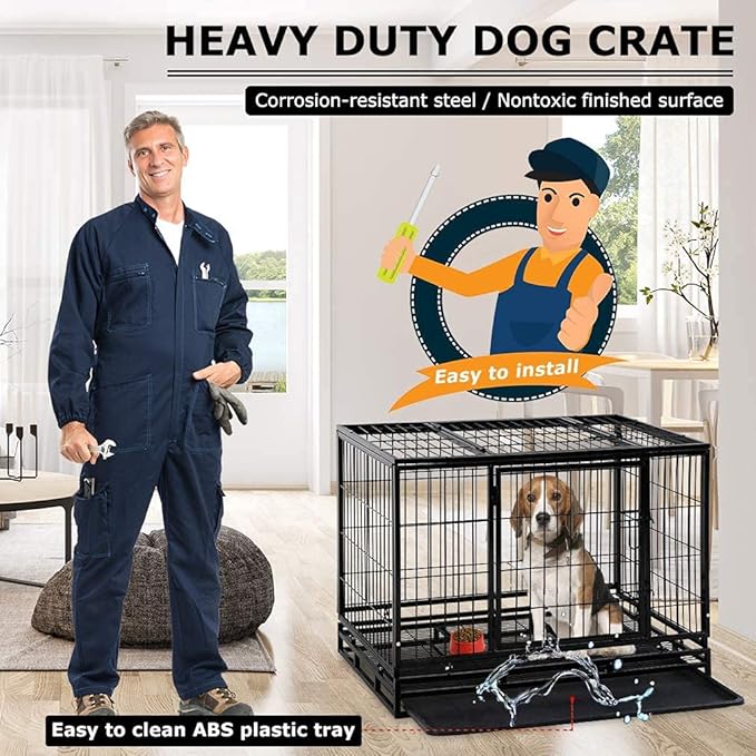 HGS 36-in Dog Crate Metal Dog Cage Heavy Duty Kennel for Large Dogs Pet Playpen for Training, Indoor Outdoor Dog Crate with Lockable Wheels, 2 Doors and Removable Tray, Black