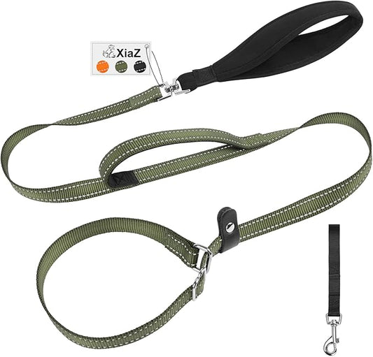 XiaZ 6FT Dog Leash with Comfortable Flat Collar and Soft Padded Handle,Nylon Reflective Double Handle No Pull Leash for Small Medium Large Dogs, Training Walking Running (Green)
