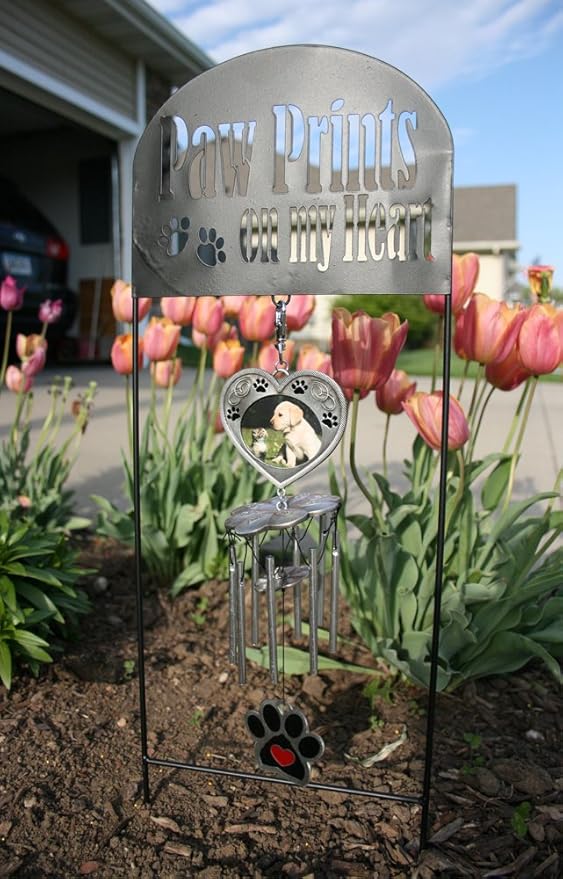 Pet Memorial - Garden Marker with Wind Chimes and Photo Frame- Black Wrought Iron Garden Stake and Windchime - Paw Prints on My Heart - Dog or Cat Loss Gift - Pet Memorial Gifts - 22.5" H