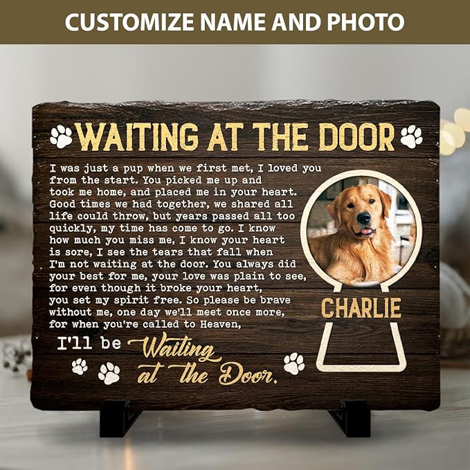 Dog Memorial Gifts for Loss of Dogs - Wait at The Door Cemetery Personalized Stone - Garden Decor for Beloved Pets Passing Away - Bereavement Gift to Friends who Lost a Dog, Cat, Pet