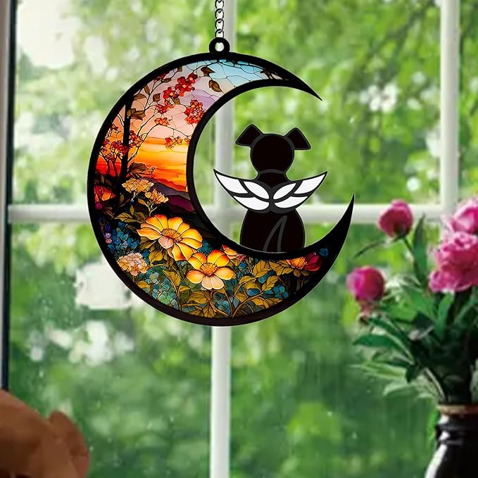 Dog Memorial Gifts for Loss of Dog Suncatcher, Black Angel Dog on Sunset Moon Dog Beverage Acrylic Ornaments Decor Window Wall Sympathy Gift for Dog Lover