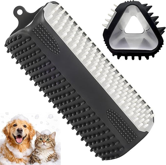 3-in-1 Triangular Dog Bath Brush for Dogs & Cats, Silicone Pet Grooming Brush with Deshedding Bristles, Massage Cones & Deep Cleaning Nubs, Black