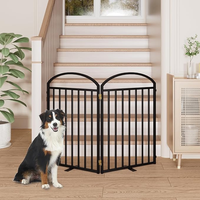 2 Panels Full Matel Freestanding Dog Gates, 48" Extra Wide 32" Tall Free Standing Dog Pet Gate for Indoor & Outdoor. Foldable Pet Fences for Doorways, House, Stairs, Porch, Deck, Yard