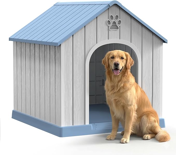 DRATO Indoor & Outdoor Dog Houses, Resin Material Dog House with Waterproof Roof and Raised Floor Design.(Blue)