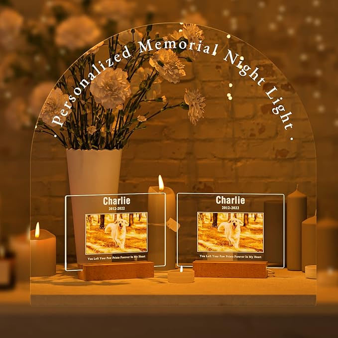 Bemaystar Personalized Dog Memorial Gifts Custom Dog Memorial Night Lights for Grieving Pet Owners, Pet Loss Gifts Cat memorial gifts Loss of Dog Sympathy Gift with Picture Name Date Custom Plaque