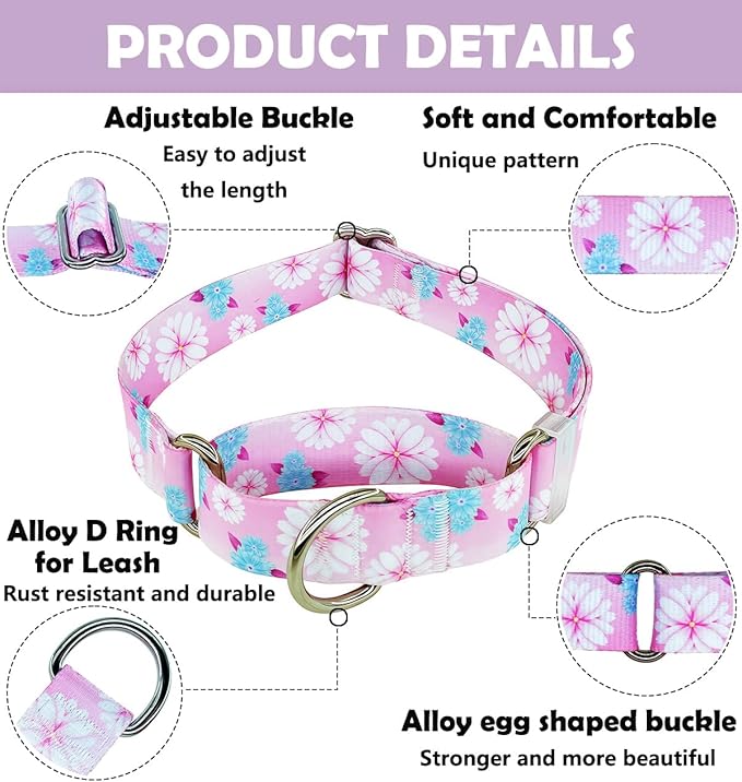 Martingale Dog Collar, Adjustable Soft No Pull Training Collar with No Buckle, Floral Pattern No Slip Martingale Collars for Small Dogs (3/4" Width S)