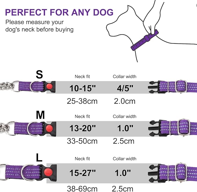 Martingale Collars,Reflective Dog Collar,Side Release Buckle,Adjustable Chain Training Pet Collars (Purple, M,Neck 13"-20")