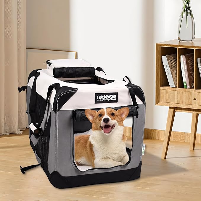 JESPET Soft Dog Crates Kennel for Pets, 3 Door Soft Sided Folding Travel Pet Carrier with Straps and Fleece Mat for Dogs, Cats(7-Light Grey, Small(24" L x 16.5" W x 16.5" H))