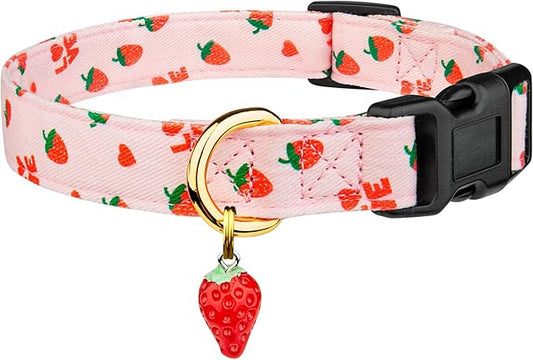 Cotton Handmade Dog Collar Cute and Distinctive Patterns Pink Strawberries with Pendant for Girl Boy Dogs Collars S