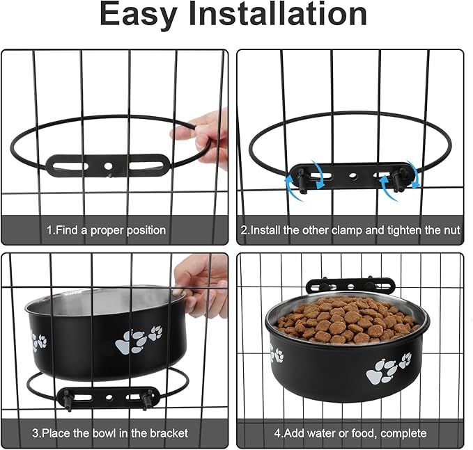 Dog Bowl Kennel Water Bowl Hanging Stainless Steel Pet Food Water Bowl Cage Feeding Cup Feeder for Medium and Small Dogs Cats (Black, Medium 6.3")