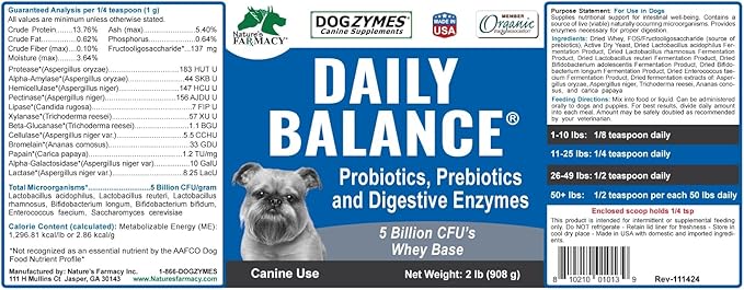 DOGZYMES Daily Balance Canine Supplement by Nature’s Farmacy – Probiotics + Prebiotics + Digestive Enzymes – 5 Billion CFUs – Whey Base – 2 lbs (908 g)