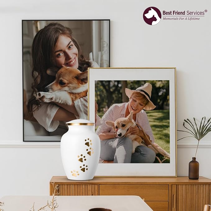Ottillie Paws Legacy Series Pet Urn for Dogs, Handmade Brass Memorial Cremation Urn (X-Large - Pets up to 170 lbs, Cloud White Vertical Brass Paws)