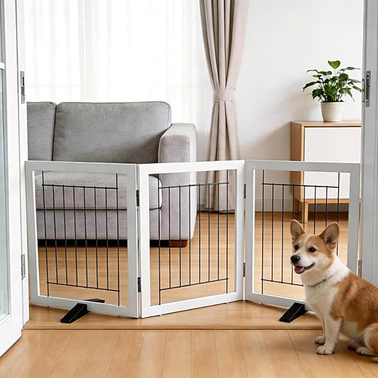 ZJSF Freestanding Dog Gate Indoor, Foldable Dog Fence for Doorways,Hallways or Stairs, Sturdy Wood Extra Wide Pet Gate with Support Feet,White,24 "Height-3 Panels