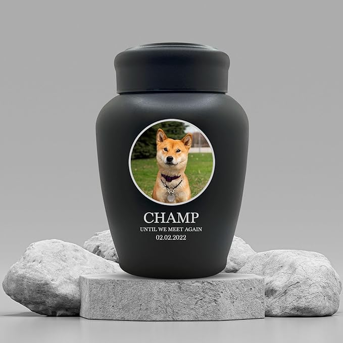 Personalized Custom Photo Dog Urn Engraved Dog Name and Date Stainless Steel Cremation Urns for Dogs Ashes with Pet Photo | Pets Up to 150 Lbs | Large 8.2" x 6.5" | Black